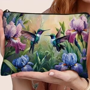 Hummingbird Floral Makeup Bag Zipper Pouch Iris Flower Art Cosmetic Case New